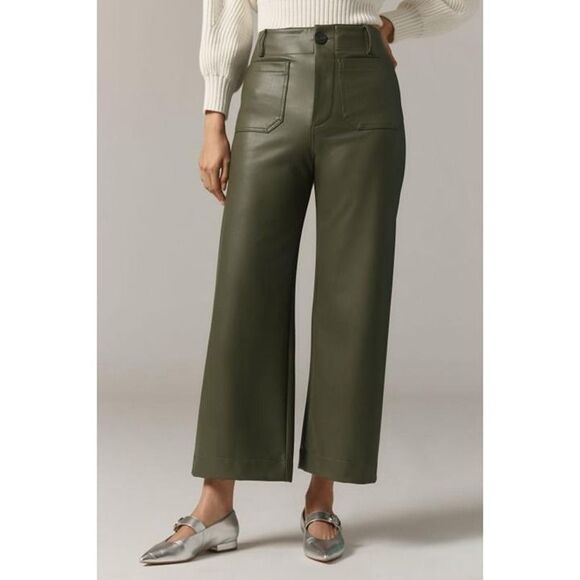 Anthropologie Maeve Colette Cropped Wide Leg Pants Faux Leather Holly Green 28 - Picture 1 of 12